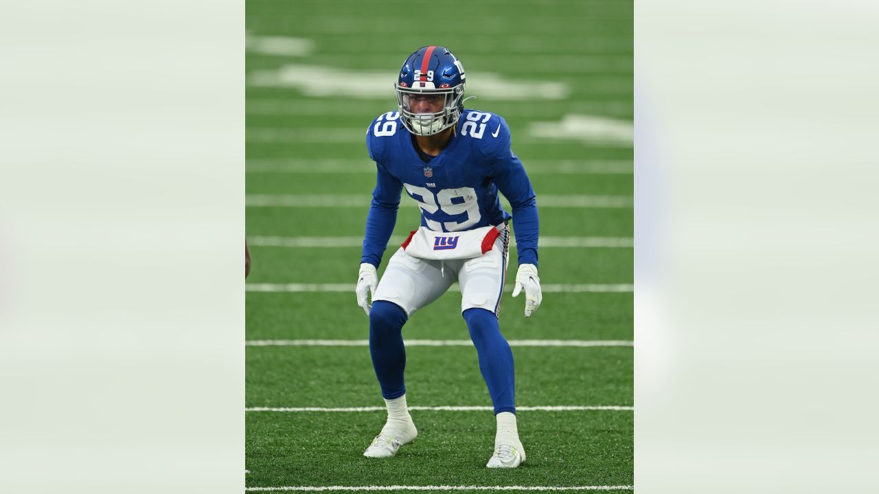 Landover, Maryland, USA. November 8, 2020:New York Giants strong safety  Jabrill Peppers (21) celebrates the fumble recover with New York Giants  nose tackle Dalvin Tomlinson (94) during the NFL Game between the