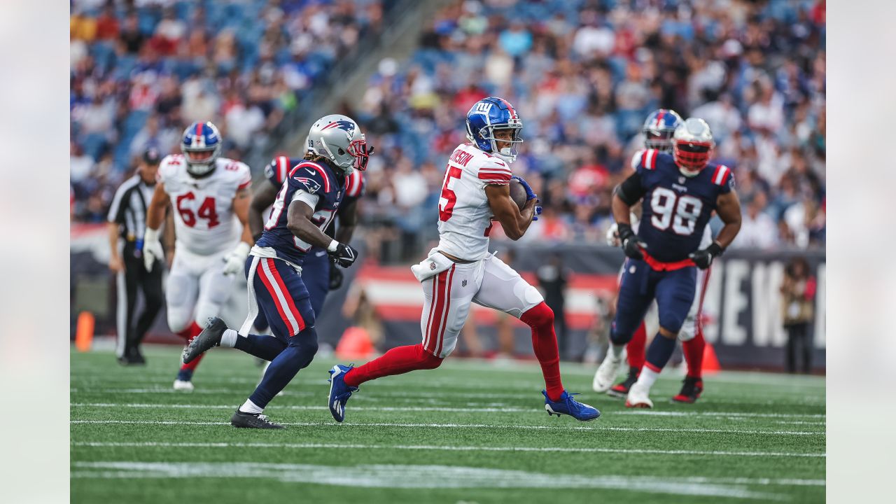 New York Giants wide receiver Collin Johnson celebrates after a catch  during an NFL preseason football game against the New England Patriots at  Gillette Stadium, Thursday, Aug. 11, 2022 in Foxborough, Mass. (