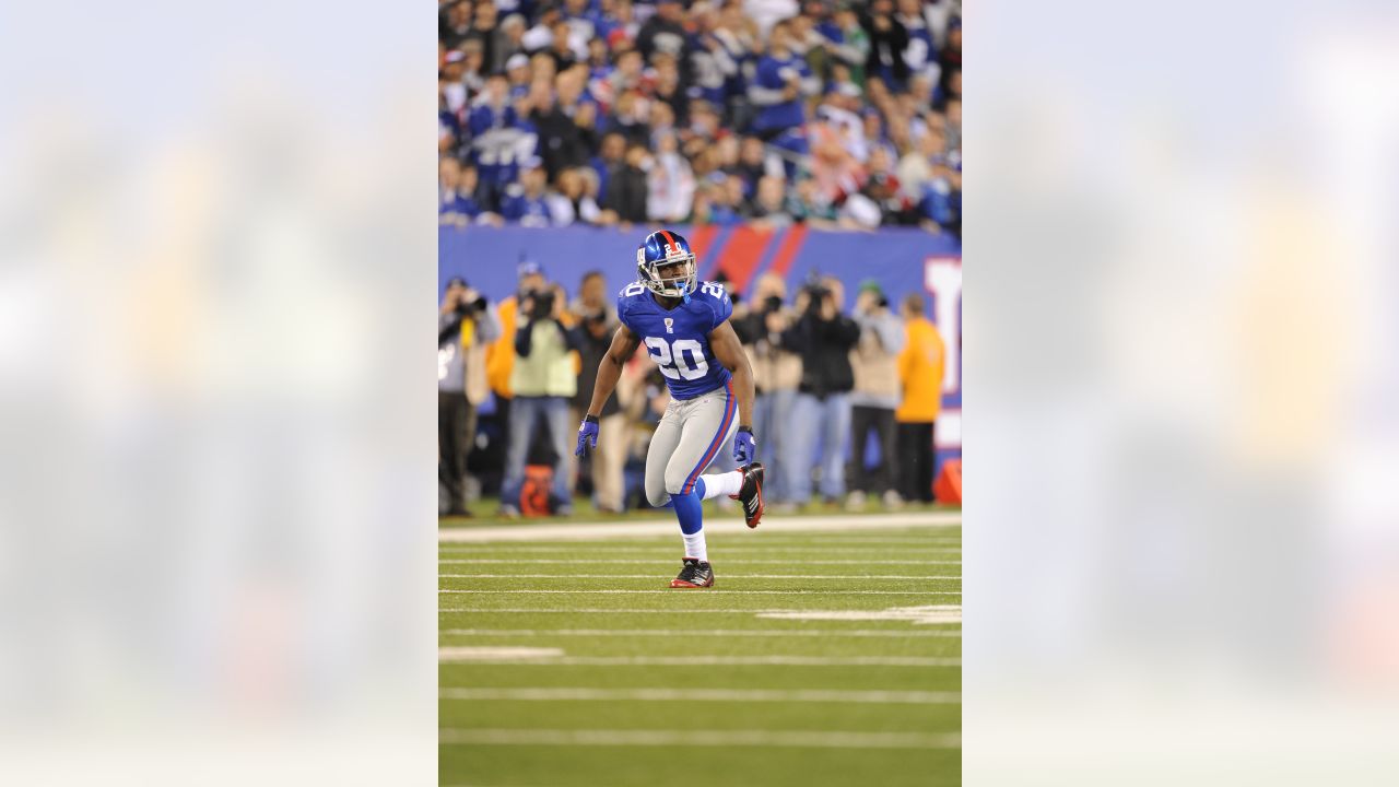 New York Giants cornerback Jayron Hosley (36) carries the ball during a  workout at the New York Giants NFL football training camp in Albany, N.Y.,  Sunday, July 29, 2012. (AP Photo/Kathy Willens