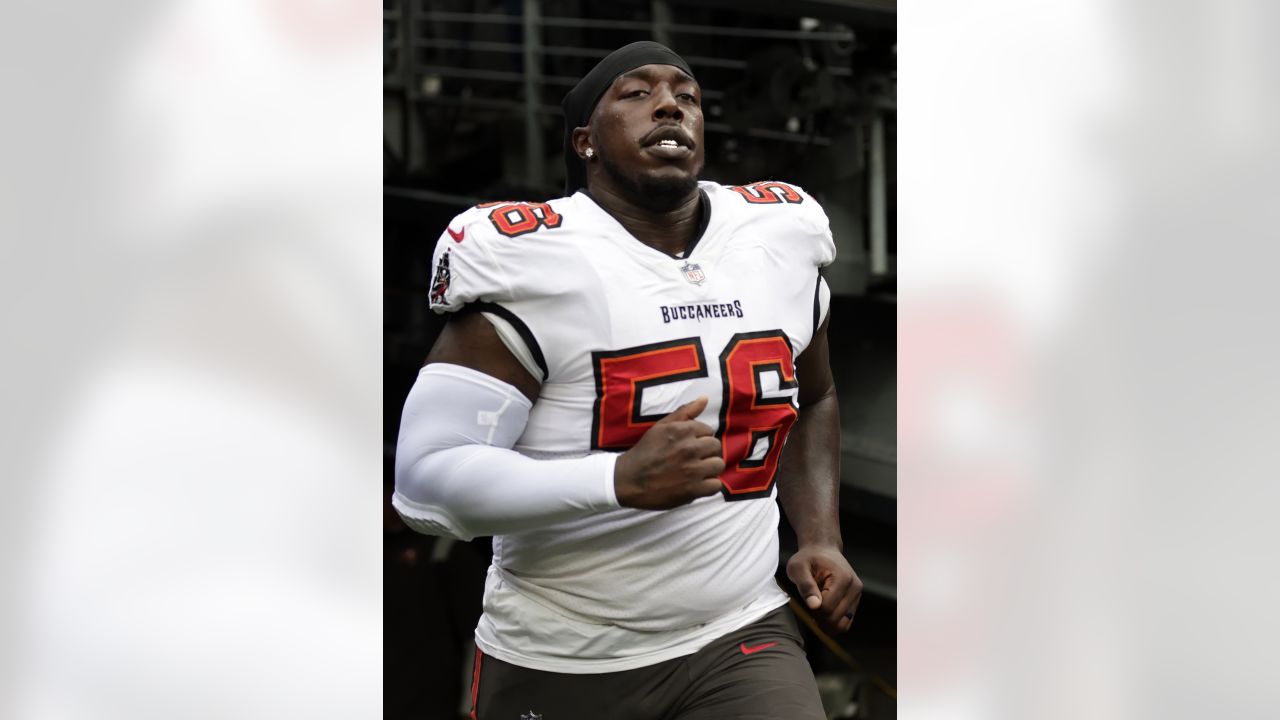 Tampa Bay Buccaneers defensive tackle Rakeem Nunez-Roches (56) warms up  before an NFL football game against the New York Jets, Sunday, Jan. 2,  2022, in East Rutherford, N.J. (AP Photo/Adam Hunger Stock