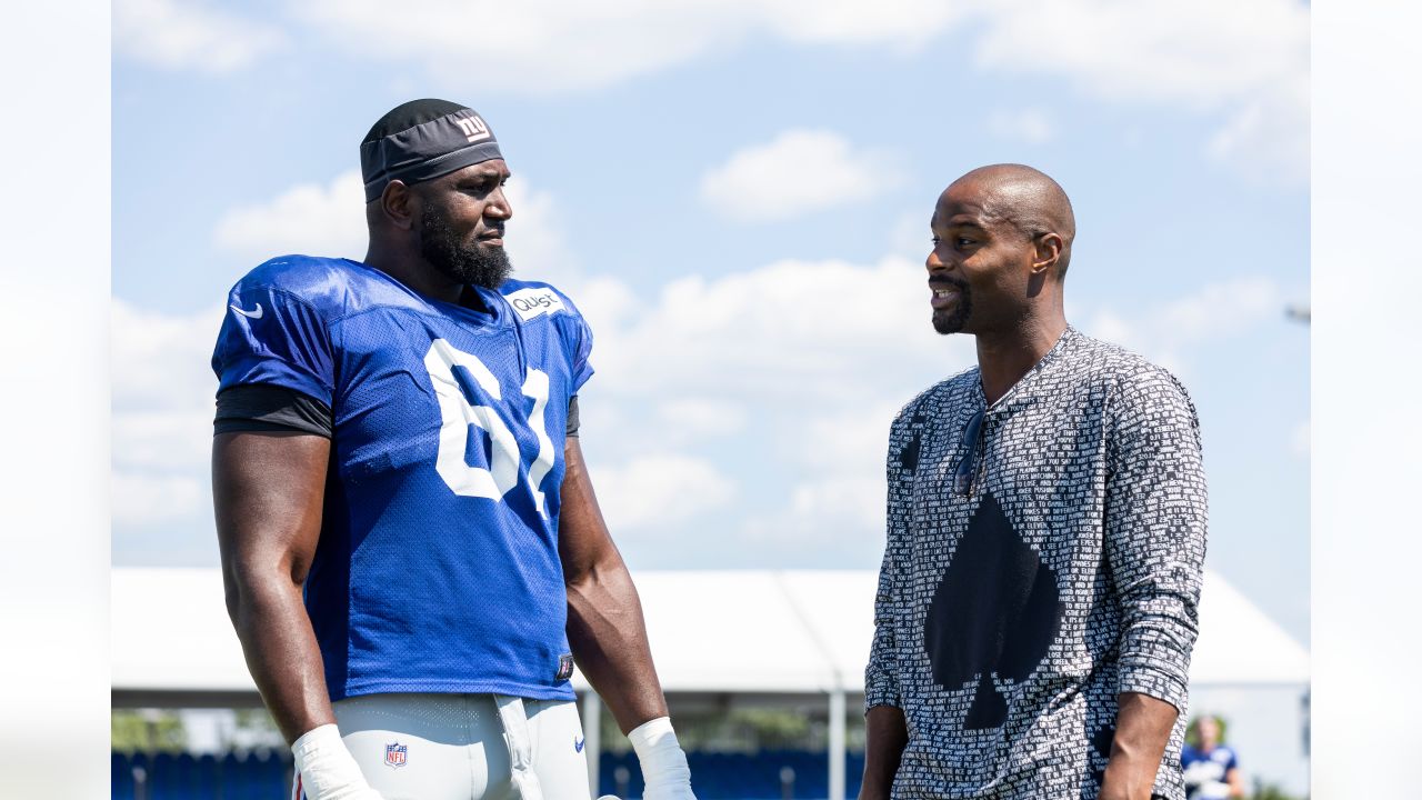 New York Giants offensive tackle Roy Mbaeteka (61) on the sideline during  the first half of an NFL football game against the New York Giants,  Thursday, Aug. 11, 2022, in Foxborough, Mass. (