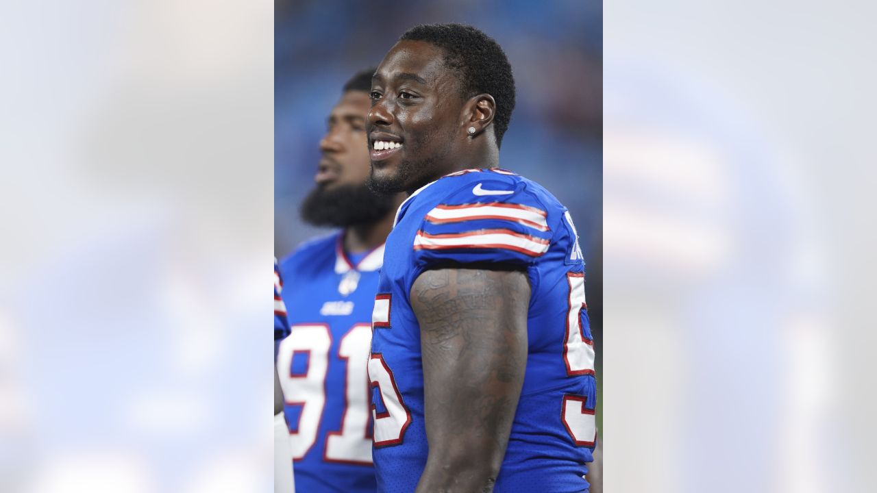 Buffalo Bills defensive end Mike Love walks off the field after a preseason  NFL football game against the Denver Broncos in Orchard Park, N.Y.,  Saturday, Aug. 20, 2022. (AP Photo/Adrian Kraus Stock