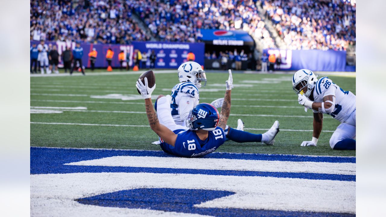 January 1, 2023, East Rutherford, New Jersey, USA: New York Giants wide  receiver Isaiah Hodgins (18) spikes the ball in the end zone after a  touchdown in the first half during a