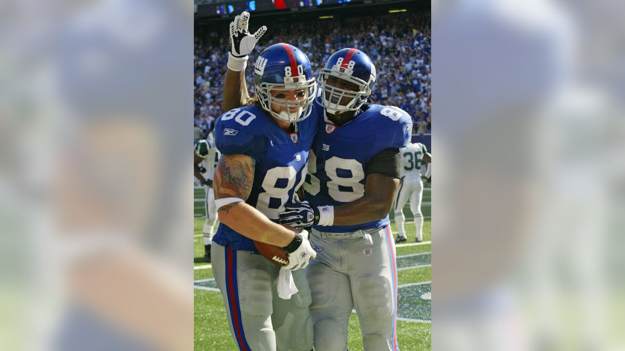 New York Giants Jeremy Shockey (80) celebrates after making a touchdown in  the third quarter against the New York Jets on Sunday, October 7, 2007, at  Giants Stadium in East Rutherford, New