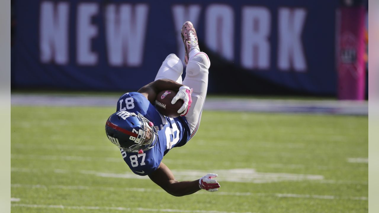 New York Giants wide receiver Sterling Shepard (87) celebrates with his  team after a 3-yard touchdown reception over the Washington Redskins during  the first half of an NFL game at FedEx Field