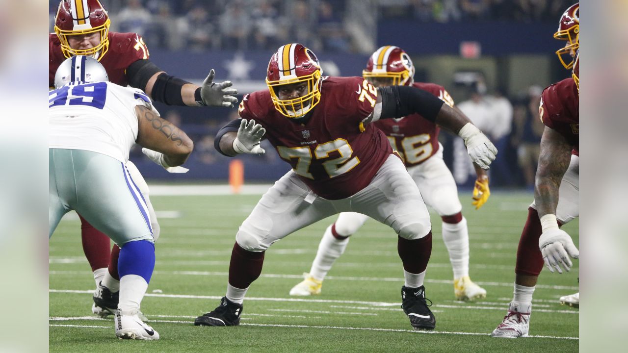 Washington Redskins offensive tackle Kevin Bowen (72) reacts to a play  during the second half of an NFL football game against the New York Giants  in Landover, Md., Thursday, Nov. 23, 2017. (