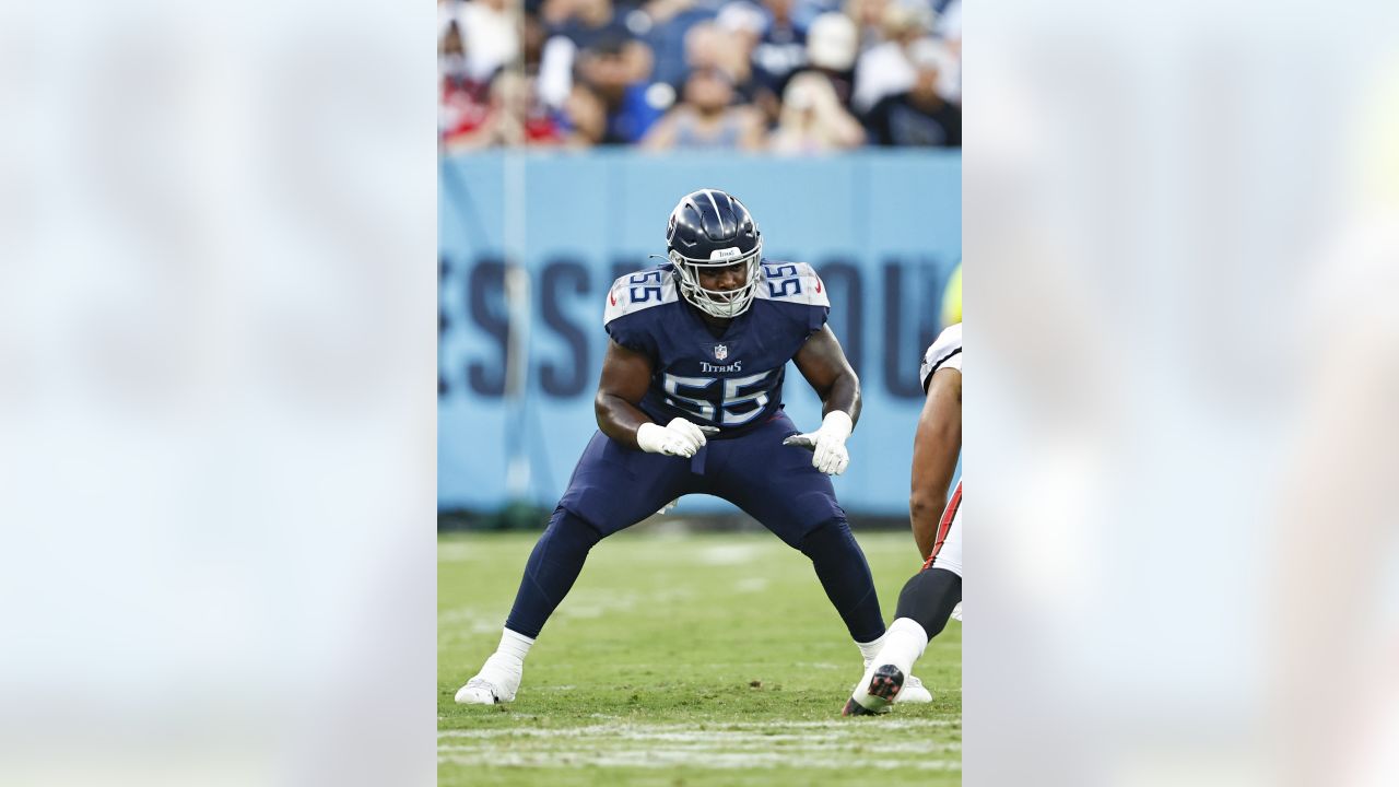 Tennessee Titans guard Aaron Brewer (55) after an NFL football