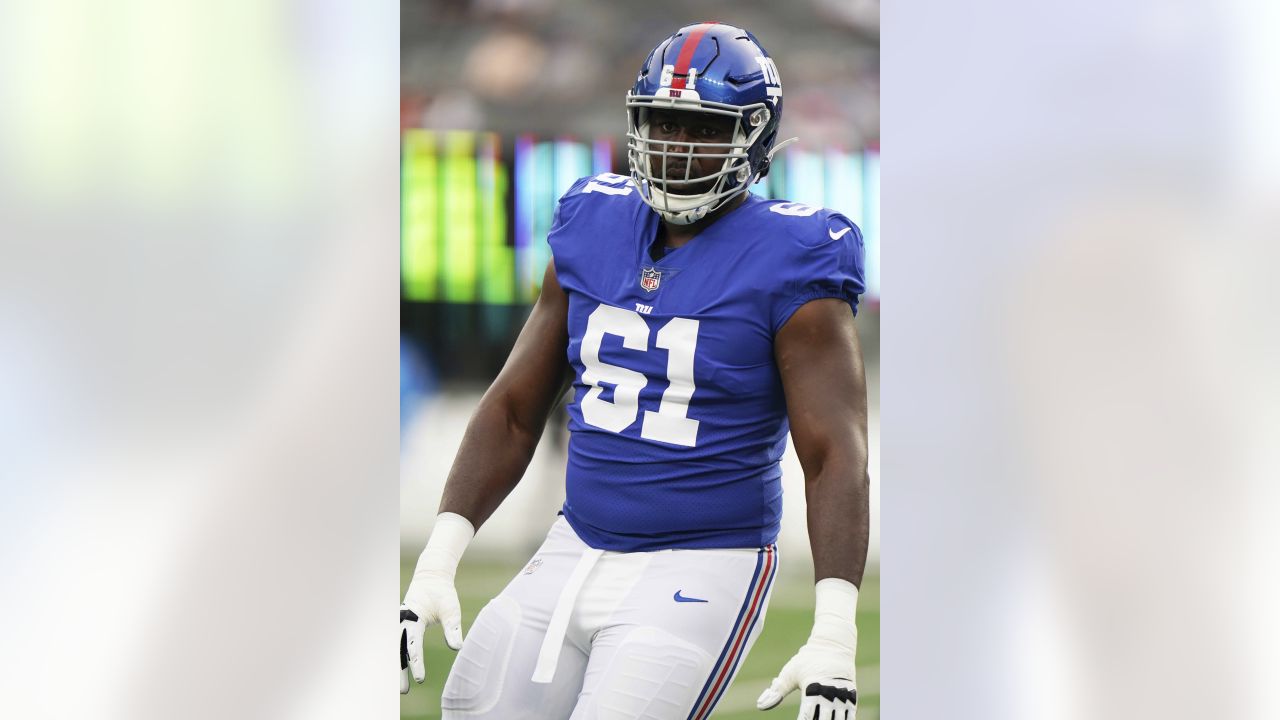 New York Giants offensive tackle Roy Mbaeteka (61) warms up before a  preseason NFL football game against the Cincinnati Bengals Sunday, Aug. 21,  2022, in East Rutherford, N.J. (AP Photo/John Munson Stock