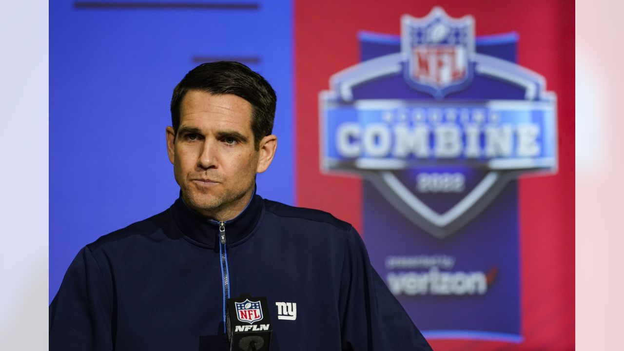 FILE - New York Giants general manager Joe Schoen, left, and Giants new  head coach Brian Daboll, right, pose for a photograph during a news  conference at the NFL football team's training