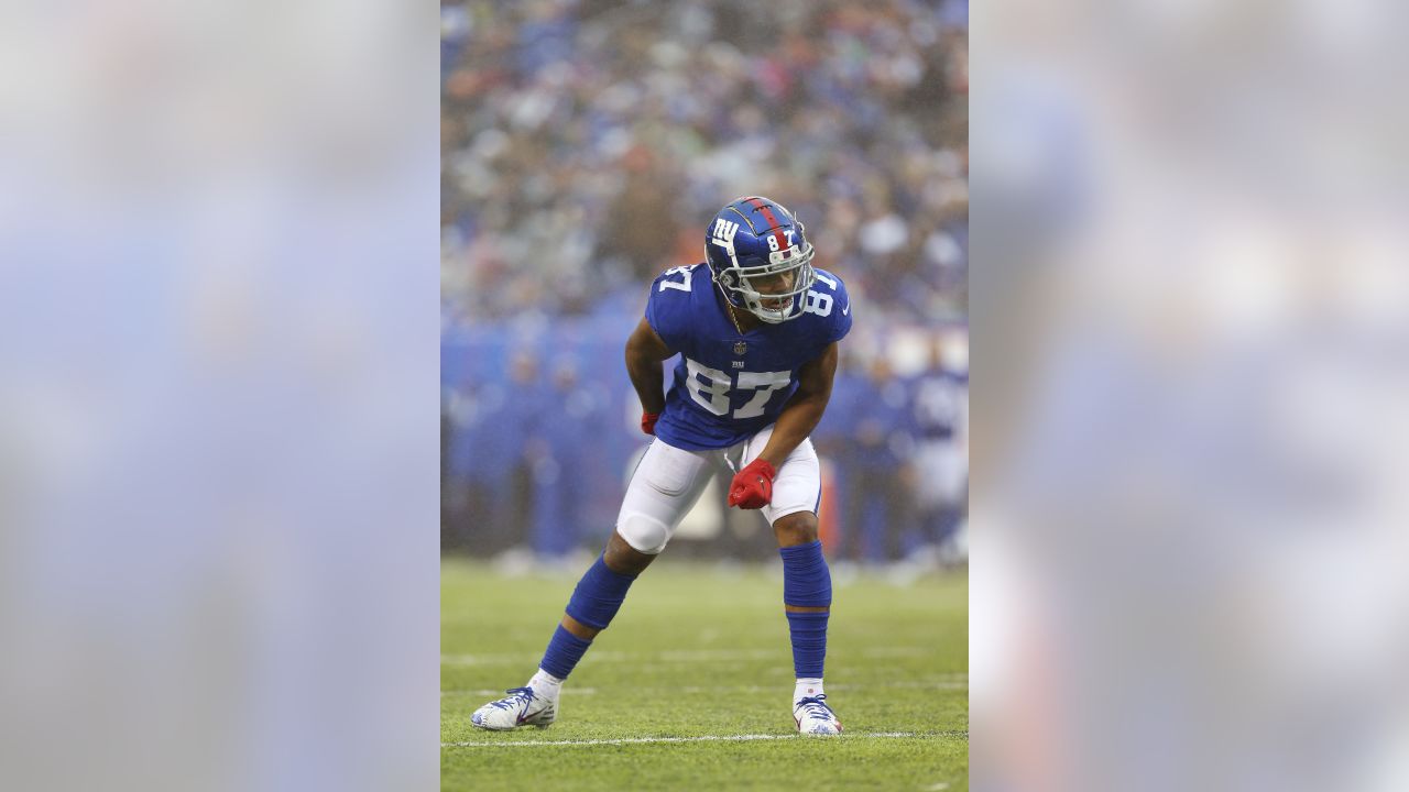 New York Giants wide receiver Sterling Shepard (87) celebrates with his  team after a 3-yard touchdown reception over the Washington Redskins during  the first half of an NFL game at FedEx Field