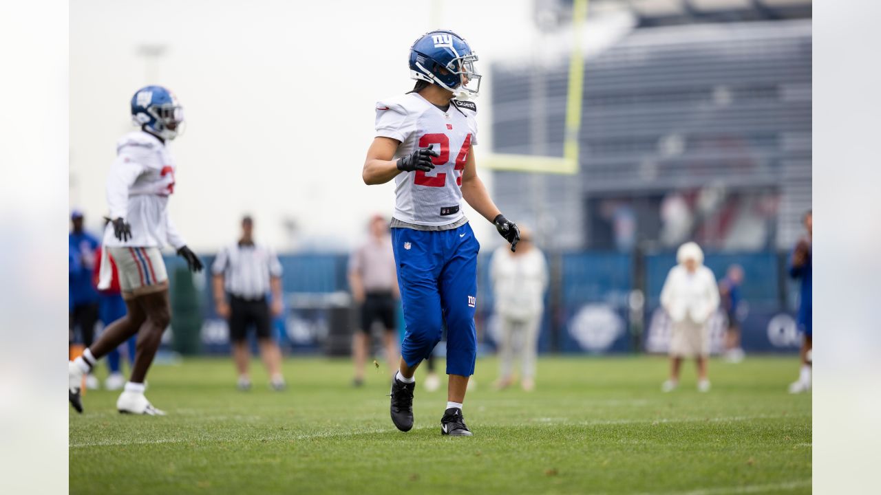 New York Giants' Dane Belton (36) participates in a practice at