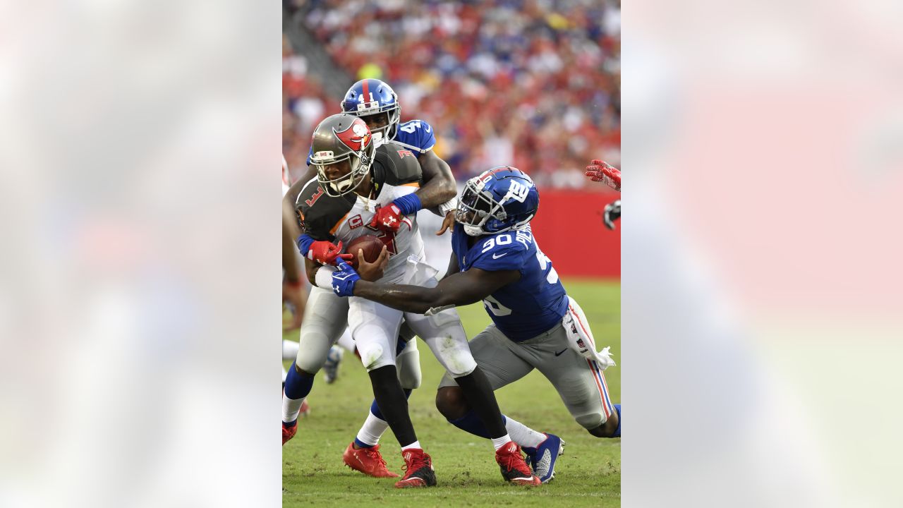 New York Giants cornerback Dominique Rodgers-Cromartie (41) celebrates the  first of his two second-half interceptions against the Washington Redskins  at FedEx Field in Landover, Maryland on Sunday, January 1, 2017. The Giants