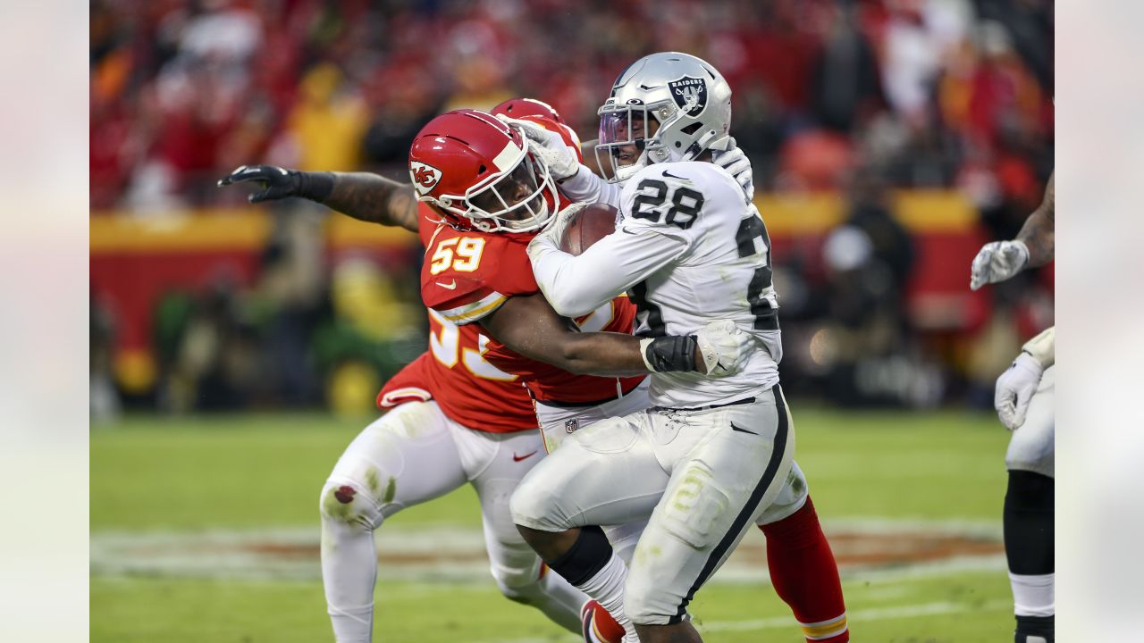 Kansas City Chiefs running back LeSean McCoy (25) runs for a touchdown  during the second half of an NFL football game against the Oakland Raiders  in Kansas City, Mo., Sunday, Dec. 1