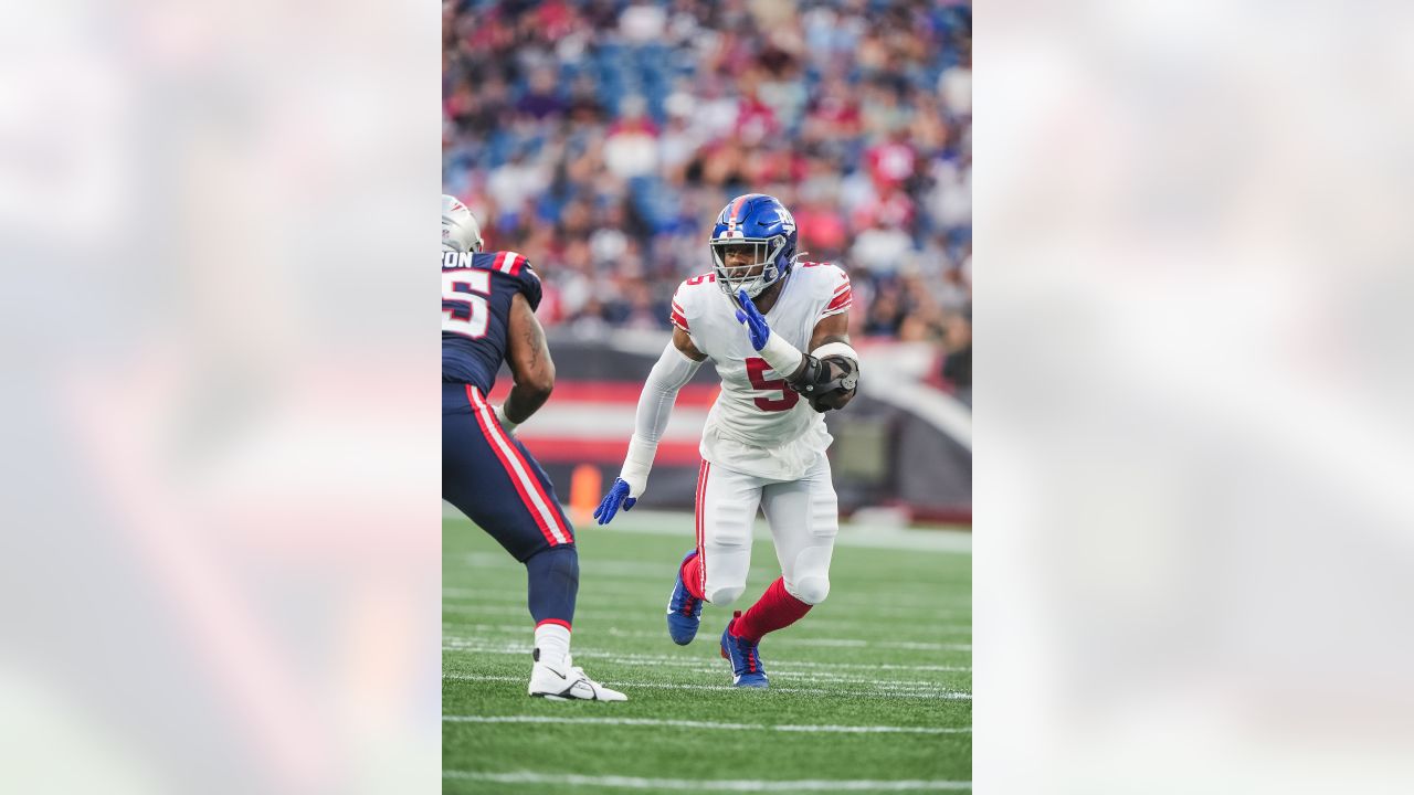 New York Giants wide receiver Collin Johnson celebrates after a catch  during an NFL preseason football game against the New England Patriots at  Gillette Stadium, Thursday, Aug. 11, 2022 in Foxborough, Mass. (