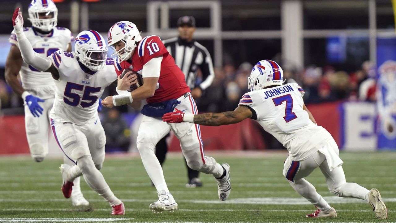 Buffalo Bills cornerback Taron Johnson (7) reacts during the second half of  an NFL football game against the New England Patriots, Thursday, Dec. 1,  2022, in Foxborough, Mass. (AP Photo/Greg M. Cooper