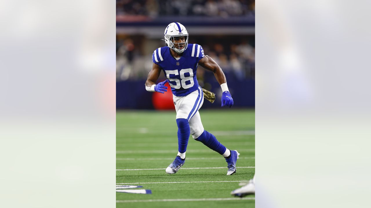 INDIANAPOLIS, IN - NOVEMBER 20: Indianapolis Colts Linebacker Bobby Okereke  (58) walks off the field at the conclusion of the NFL football game between  the Philadelphia Eagles and the Indianapolis Colts on