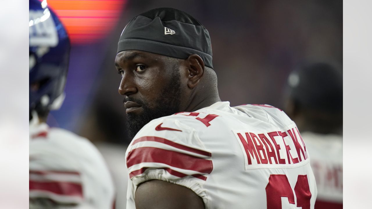 New York Giants offensive tackle Roy Mbaeteka (61) warms up before a  preseason NFL football game against the Cincinnati Bengals Sunday, Aug. 21,  2022, in East Rutherford, N.J. (AP Photo/John Munson Stock