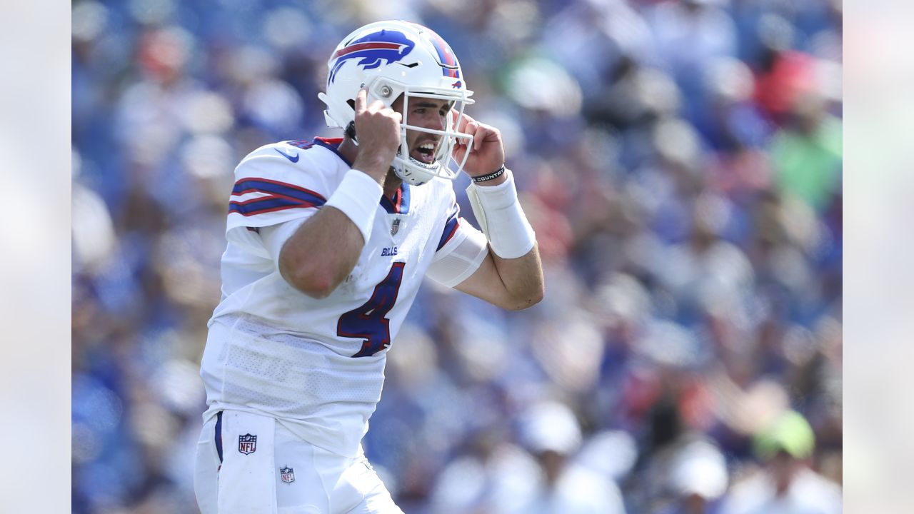 Buffalo Bills quarterbacks Jake Fromm (4) Josh Allen (17) and