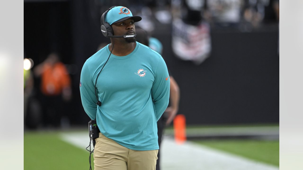 Miami Dolphins head coach Brian Flores attends a news conference after an  NFL football game against the Las Vegas Raiders, Sunday, Sept. 26, 2021, in  Las Vegas. (AP Photo/David Becker Stock Photo 