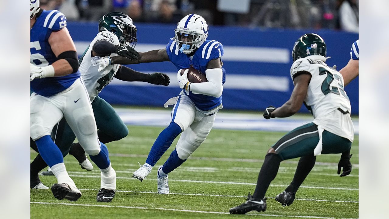 November 14, 2021: Indianapolis Colts players celebrate after a touchdown  by Indianapolis Colts linebacker E.J. Speed (45) during NFL football game  action between the Jacksonville Jaguars and the Indianapolis Colts at Lucas