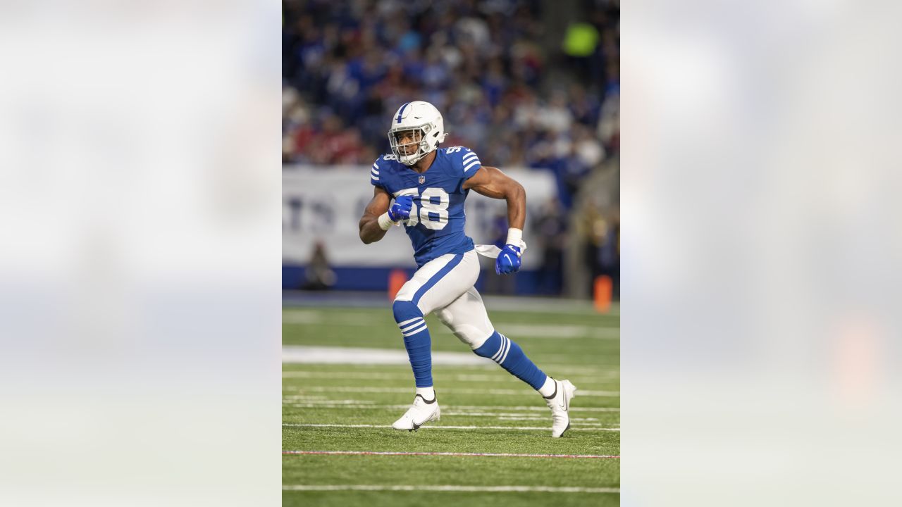 INDIANAPOLIS, IN - NOVEMBER 20: Indianapolis Colts Linebacker Bobby Okereke  (58) walks off the field at the conclusion of the NFL football game between  the Philadelphia Eagles and the Indianapolis Colts on