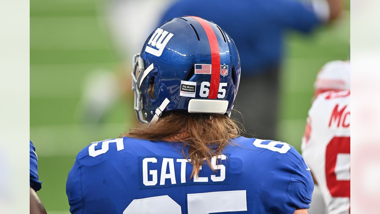 New York Giants offensive guard Nick Gates (65) looks to block