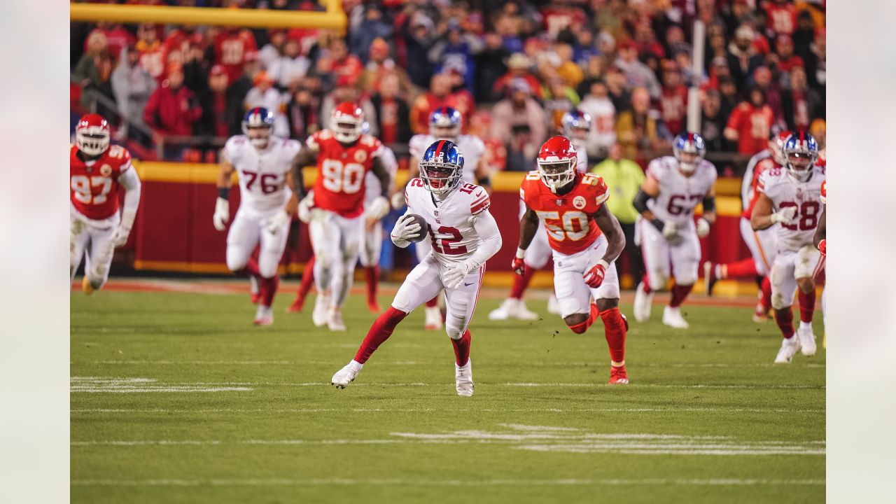 Travis Rudolph of the New York Giants falls after he was tackled against  the Kansas City Chiefs on November 19, 2017 at MetLife Stadium in East  Rutherford, New Jersey.