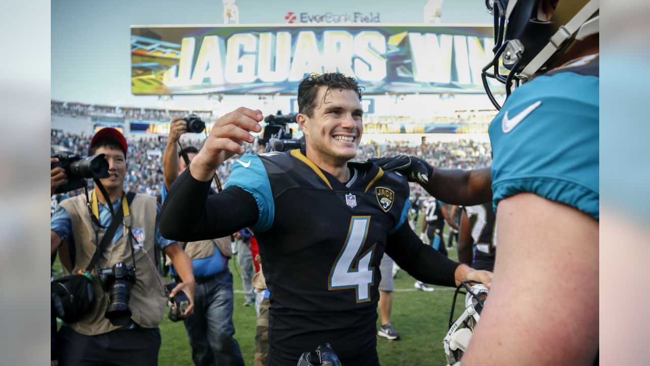 Jacksonville Jaguars kicker Josh Lambo (4) celebrates his field goal that  insures the 45-32 win against the Pittsburgh Steelers at the AFC Divisional  round playoff game at Heinz Field in Pittsburgh on