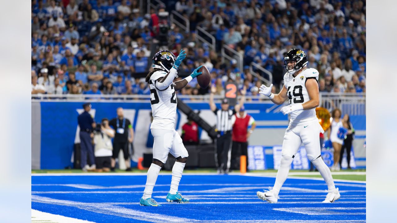 Jacksonville Jaguars wide receiver Oliver Martin (88) stiff arms Detroit  Lions cornerback Chase Lucas (27) during an preseason NFL football game in  Detroit, Saturday, Aug. 19, 2023. (AP Photo/Paul Sancya Stock Photo - Alamy