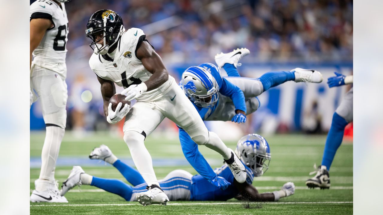 Jacksonville Jaguars wide receiver Oliver Martin (88) stiff arms Detroit  Lions cornerback Chase Lucas (27) during an preseason NFL football game in  Detroit, Saturday, Aug. 19, 2023. (AP Photo/Paul Sancya Stock Photo - Alamy