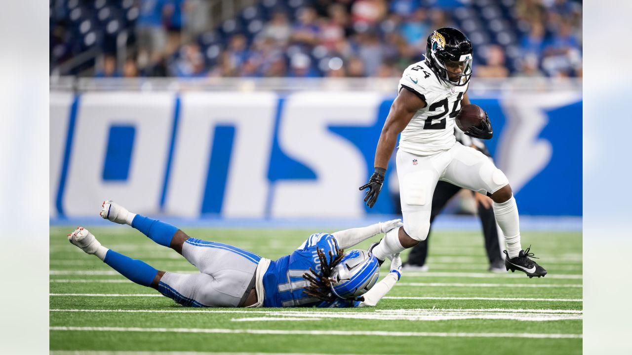 Jacksonville Jaguars wide receiver Oliver Martin (88) stiff arms Detroit  Lions cornerback Chase Lucas (27) during an preseason NFL football game in  Detroit, Saturday, Aug. 19, 2023. (AP Photo/Paul Sancya Stock Photo - Alamy