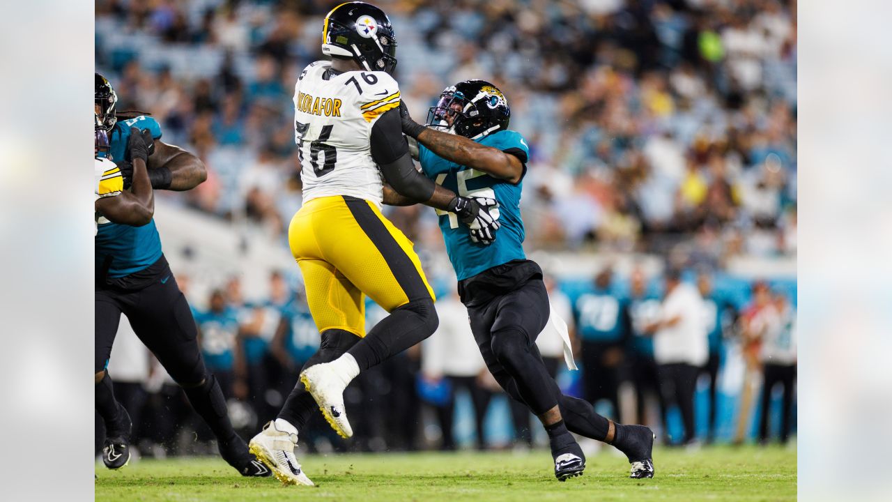 Jacksonville Jaguars linebacker Travon Walker (44) moves to the line of  scrimmage during an NFL football game against the Pittsburgh Steelers,  Saturday, Aug. 20, 2022 in Jacksonville, Fla. The Steelers defeat the