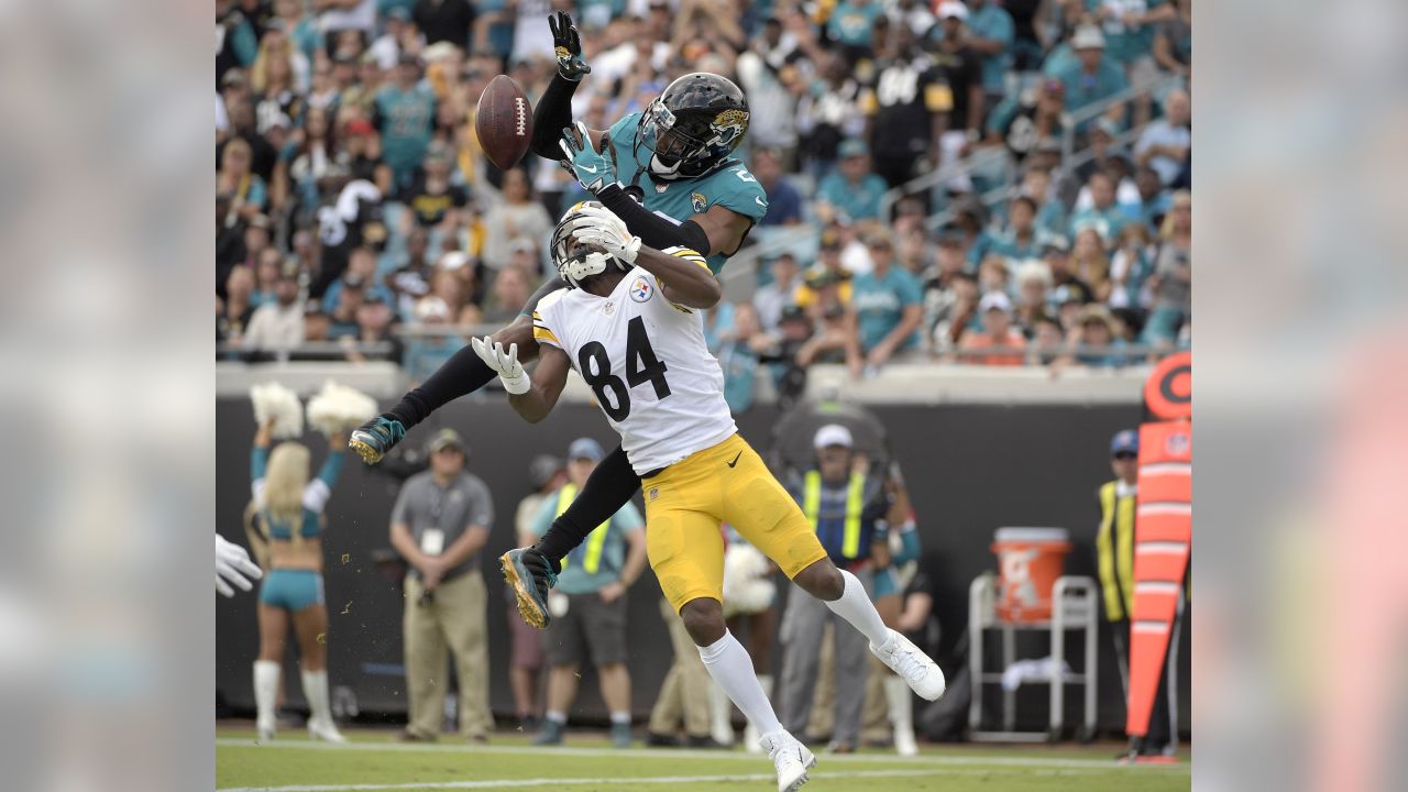 Jacksonville Jaguars CB Jalen Ramsey celebrates an interception in the NFL  International Series game against the Baltimore Ravens at Wembley Stadium,  London on September 24, 2017. Jacksonville beat Baltimore 44 - 7.