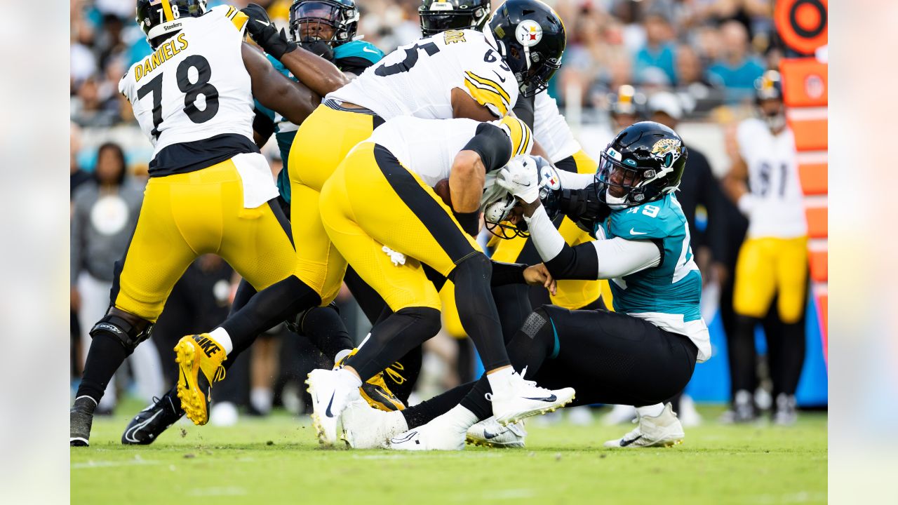 Jacksonville Jaguars linebacker Travon Walker (44) moves to the line of  scrimmage during an NFL football game against the Pittsburgh Steelers,  Saturday, Aug. 20, 2022 in Jacksonville, Fla. The Steelers defeat the