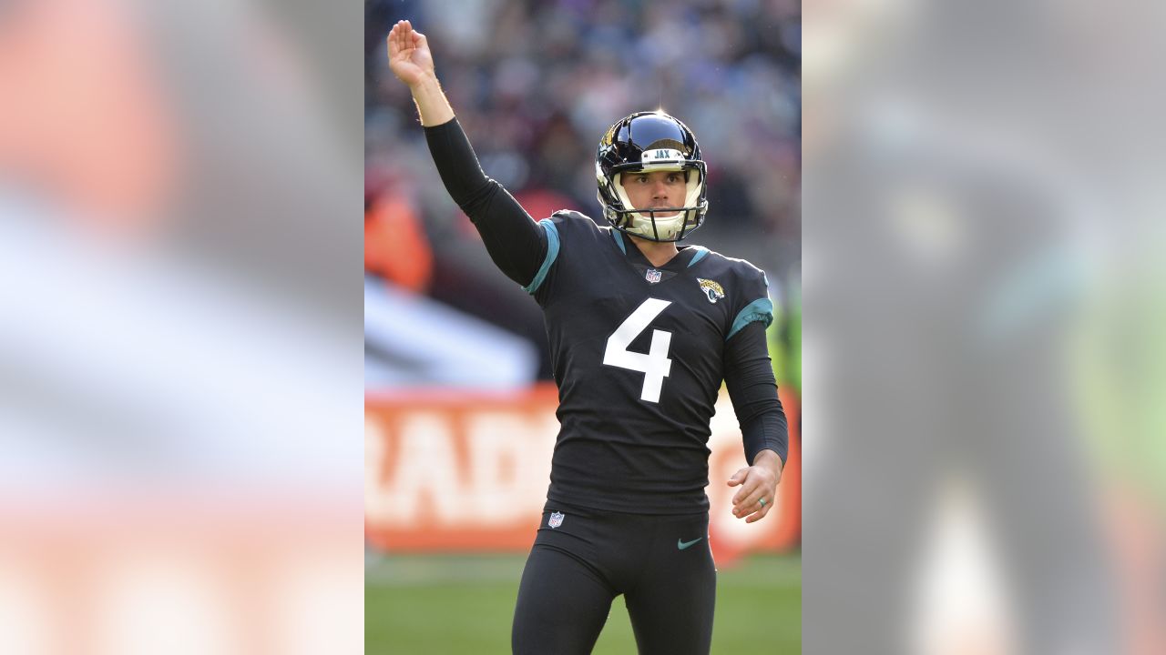 Jacksonville Jaguars kicker Josh Lambo (4) celebrates his field goal that  insures the 45-32 win against the Pittsburgh Steelers at the AFC Divisional  round playoff game at Heinz Field in Pittsburgh on