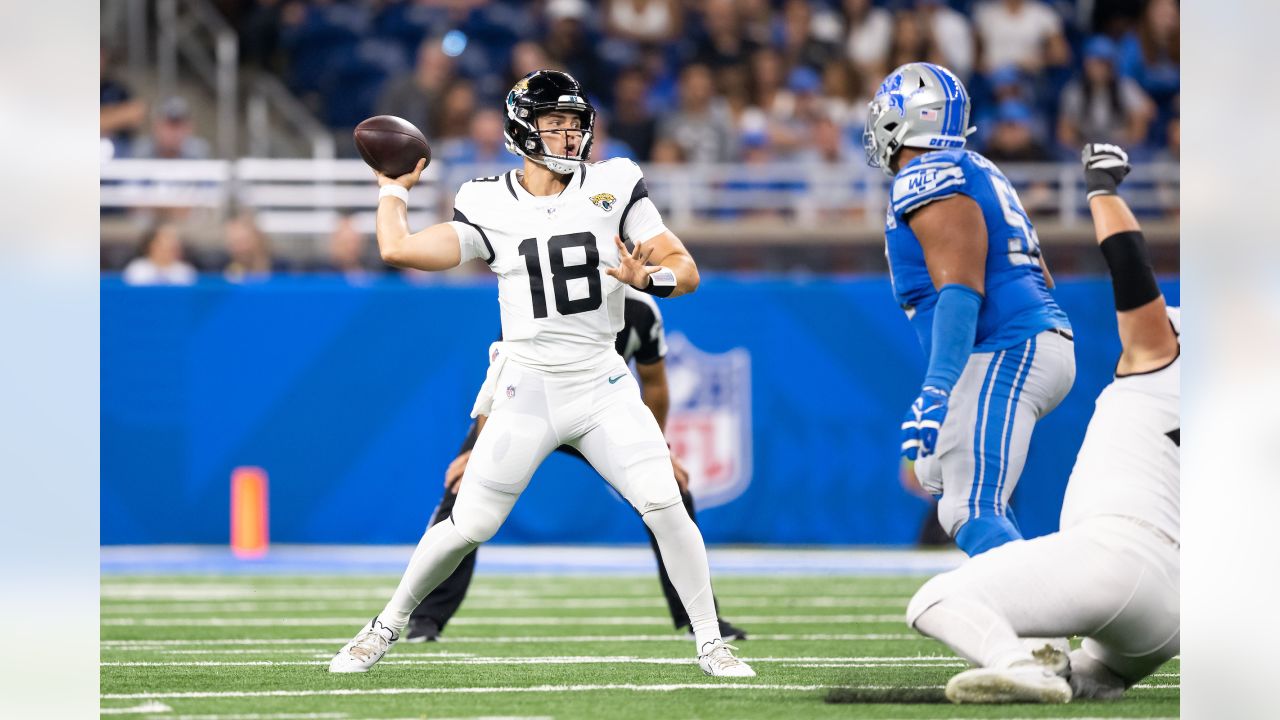 Jacksonville Jaguars wide receiver Oliver Martin (88) stiff arms Detroit  Lions cornerback Chase Lucas (27) during an preseason NFL football game in  Detroit, Saturday, Aug. 19, 2023. (AP Photo/Paul Sancya Stock Photo - Alamy