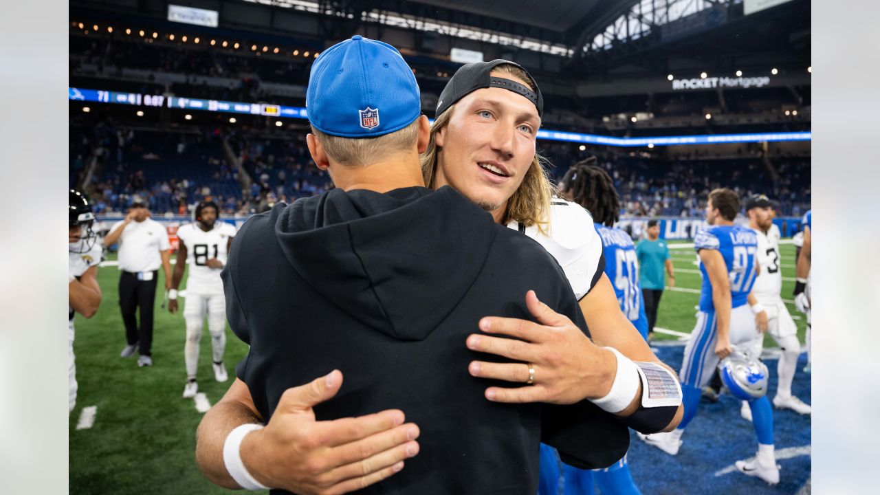 Jacksonville Jaguars wide receiver Oliver Martin (88) stiff arms Detroit  Lions cornerback Chase Lucas (27) during an preseason NFL football game in  Detroit, Saturday, Aug. 19, 2023. (AP Photo/Paul Sancya Stock Photo - Alamy