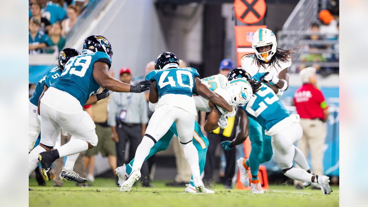 Jacksonville Jaguars linebacker Willie Taylor III (53) leaves the field at  halftime of an NFL pre-season football game against the Miami Dolphins,  Saturday, Aug. 26, 2023, in Jacksonville, Fla. The Jaguars defeated