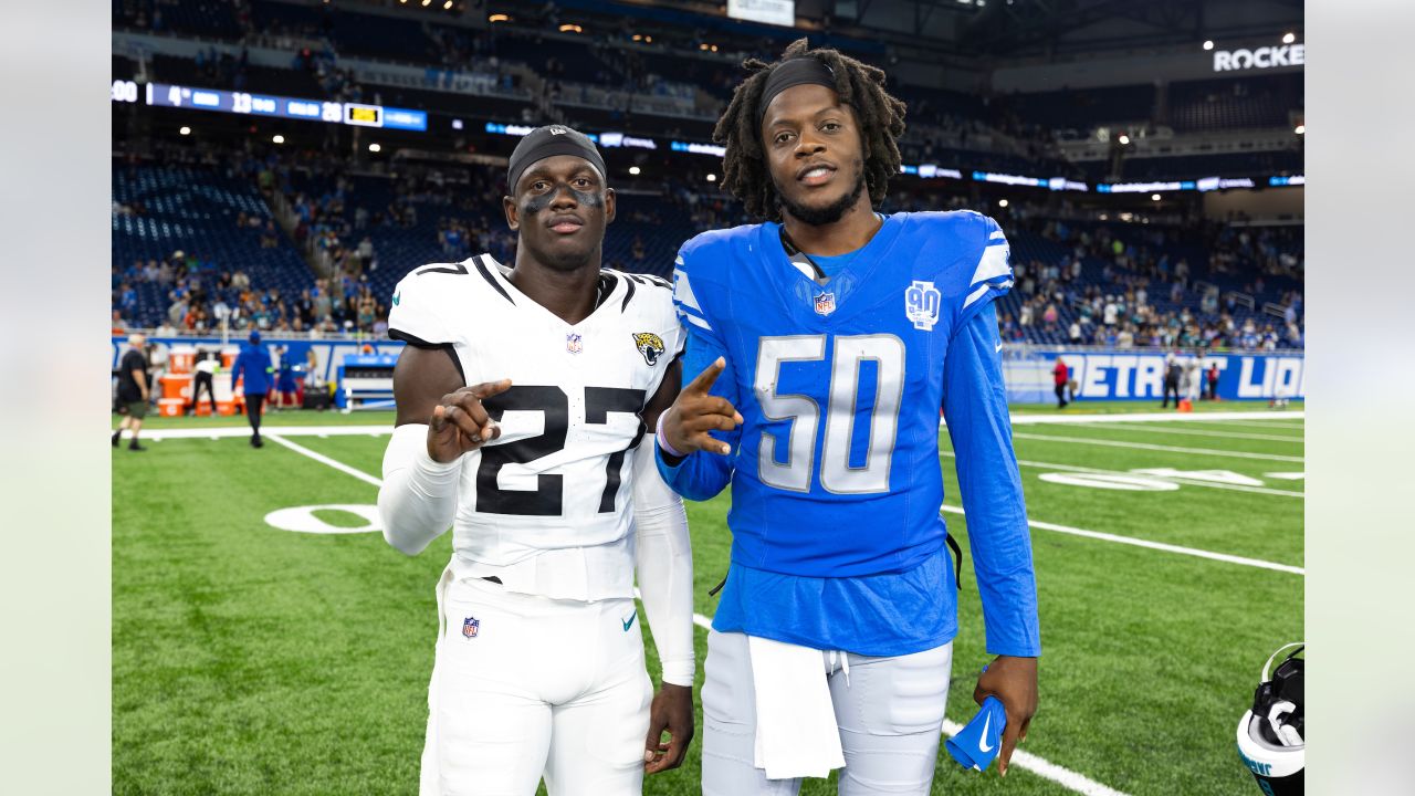 Jacksonville Jaguars wide receiver Oliver Martin (88) stiff arms Detroit  Lions cornerback Chase Lucas (27) during an preseason NFL football game in  Detroit, Saturday, Aug. 19, 2023. (AP Photo/Paul Sancya Stock Photo - Alamy