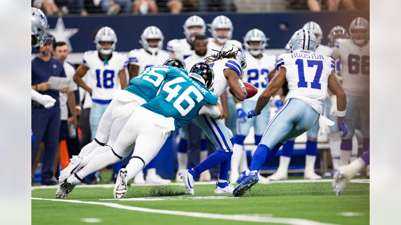 Jacksonville Jaguars wide receiver Parker Washington (11) is seen during  the first half of an NFL football game against the Dallas Cowboys,  Saturday, Aug. 12, 2023, in Arlington, Texas. Jacksonville won 28-23. (