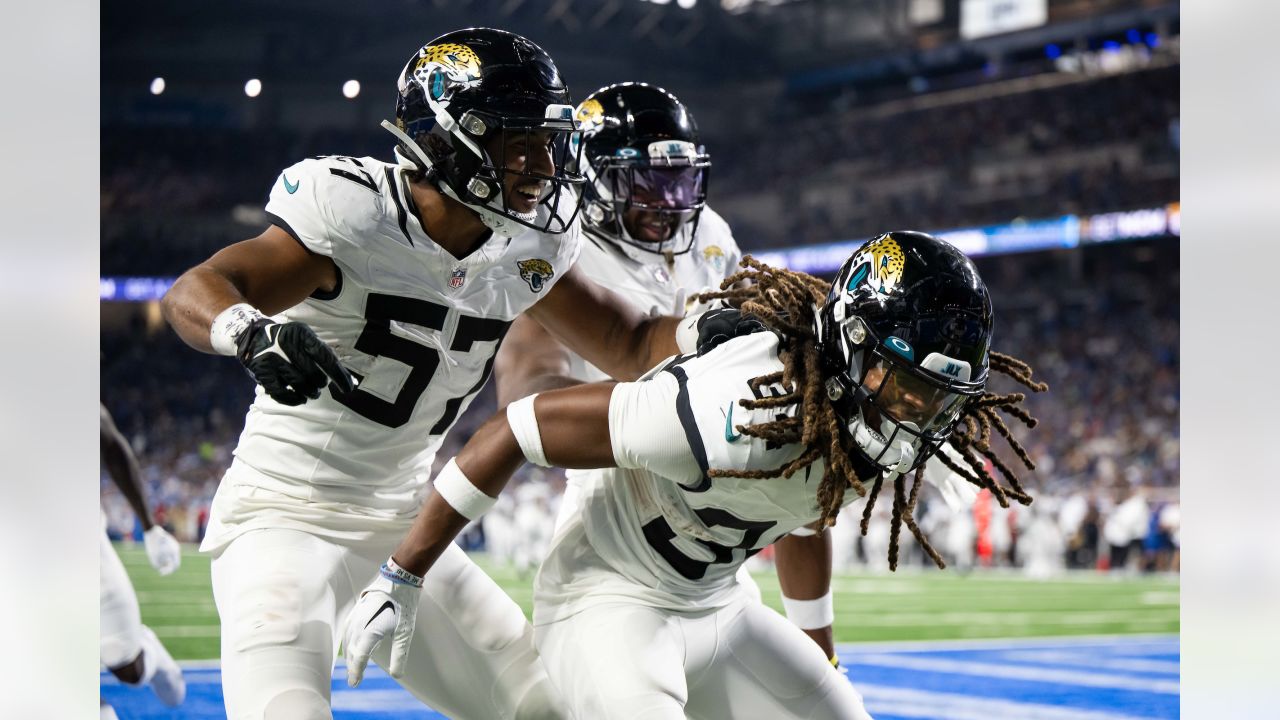 Jacksonville Jaguars wide receiver Oliver Martin (88) stiff arms Detroit  Lions cornerback Chase Lucas (27) during an preseason NFL football game in  Detroit, Saturday, Aug. 19, 2023. (AP Photo/Paul Sancya Stock Photo - Alamy