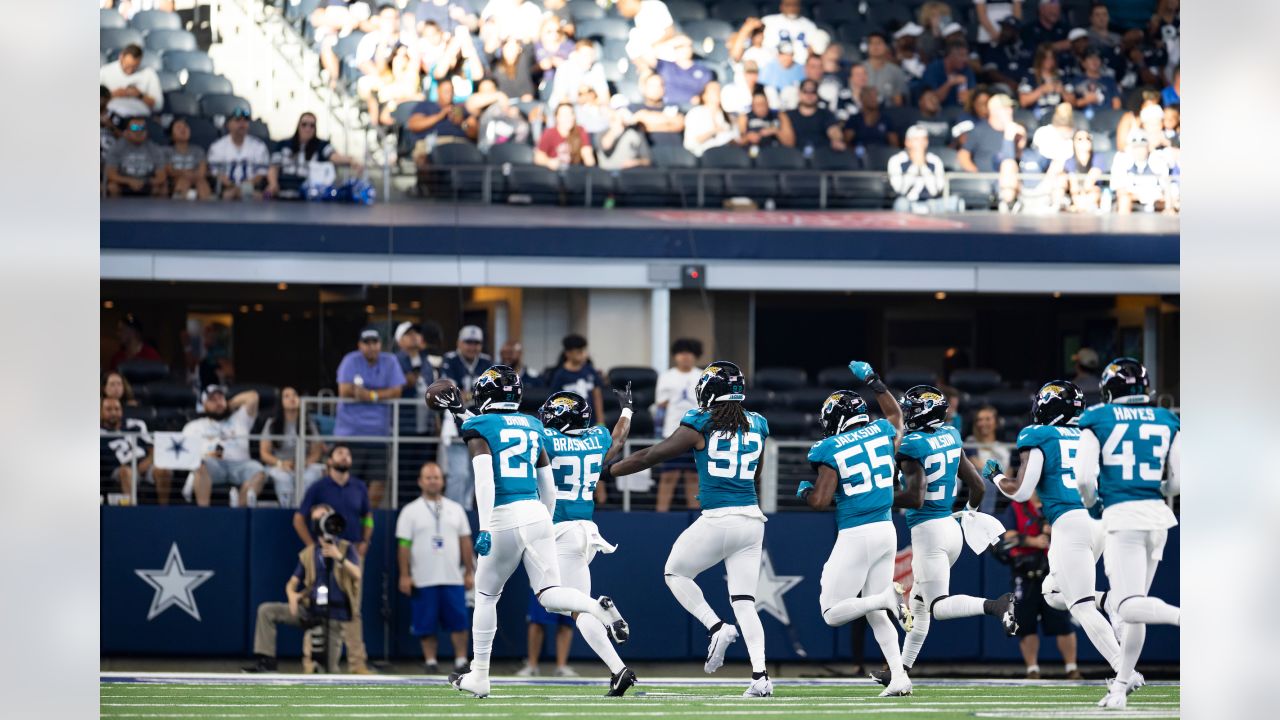 Jacksonville Jaguars wide receiver Parker Washington (11) is seen during  the first half of an NFL football game against the Dallas Cowboys,  Saturday, Aug. 12, 2023, in Arlington, Texas. Jacksonville won 28-23. (