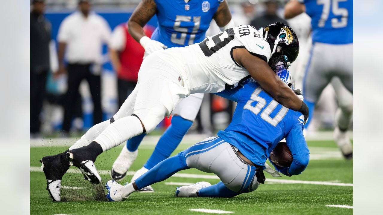 Jacksonville Jaguars wide receiver Oliver Martin (88) stiff arms Detroit  Lions cornerback Chase Lucas (27) during an preseason NFL football game in  Detroit, Saturday, Aug. 19, 2023. (AP Photo/Paul Sancya Stock Photo - Alamy