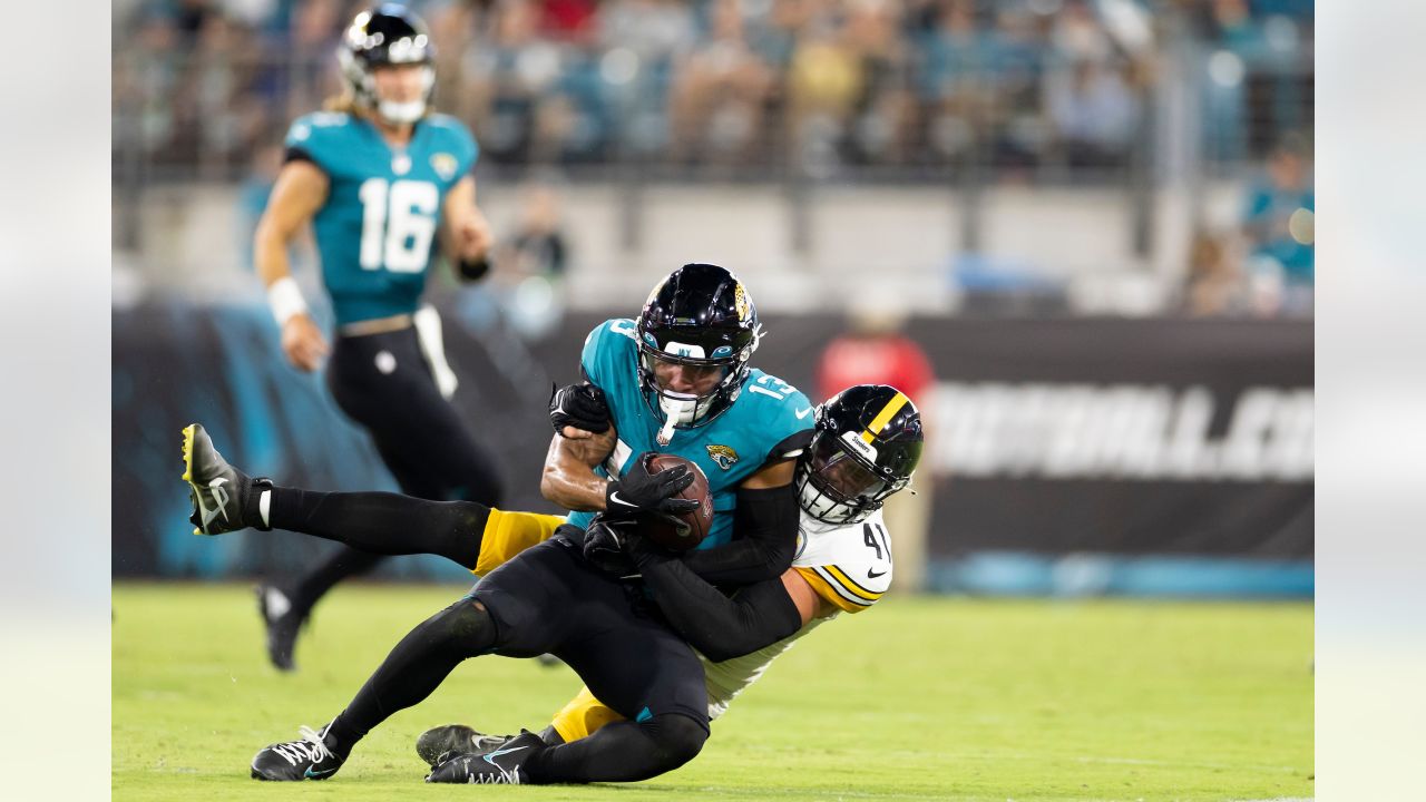 Jacksonville Jaguars linebacker Travon Walker (44) moves to the line of  scrimmage during an NFL football game against the Pittsburgh Steelers,  Saturday, Aug. 20, 2022 in Jacksonville, Fla. The Steelers defeat the