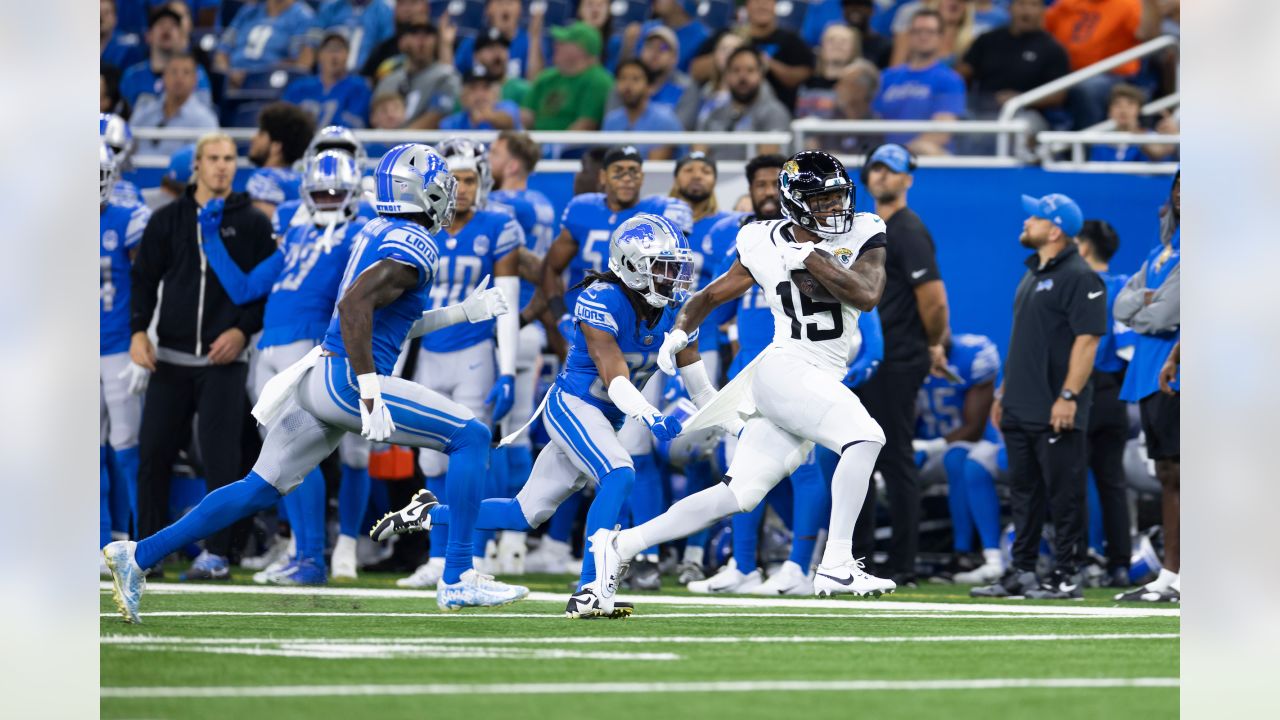 Jacksonville Jaguars wide receiver Oliver Martin (88) stiff arms Detroit  Lions cornerback Chase Lucas (27) during an preseason NFL football game in  Detroit, Saturday, Aug. 19, 2023. (AP Photo/Paul Sancya Stock Photo - Alamy