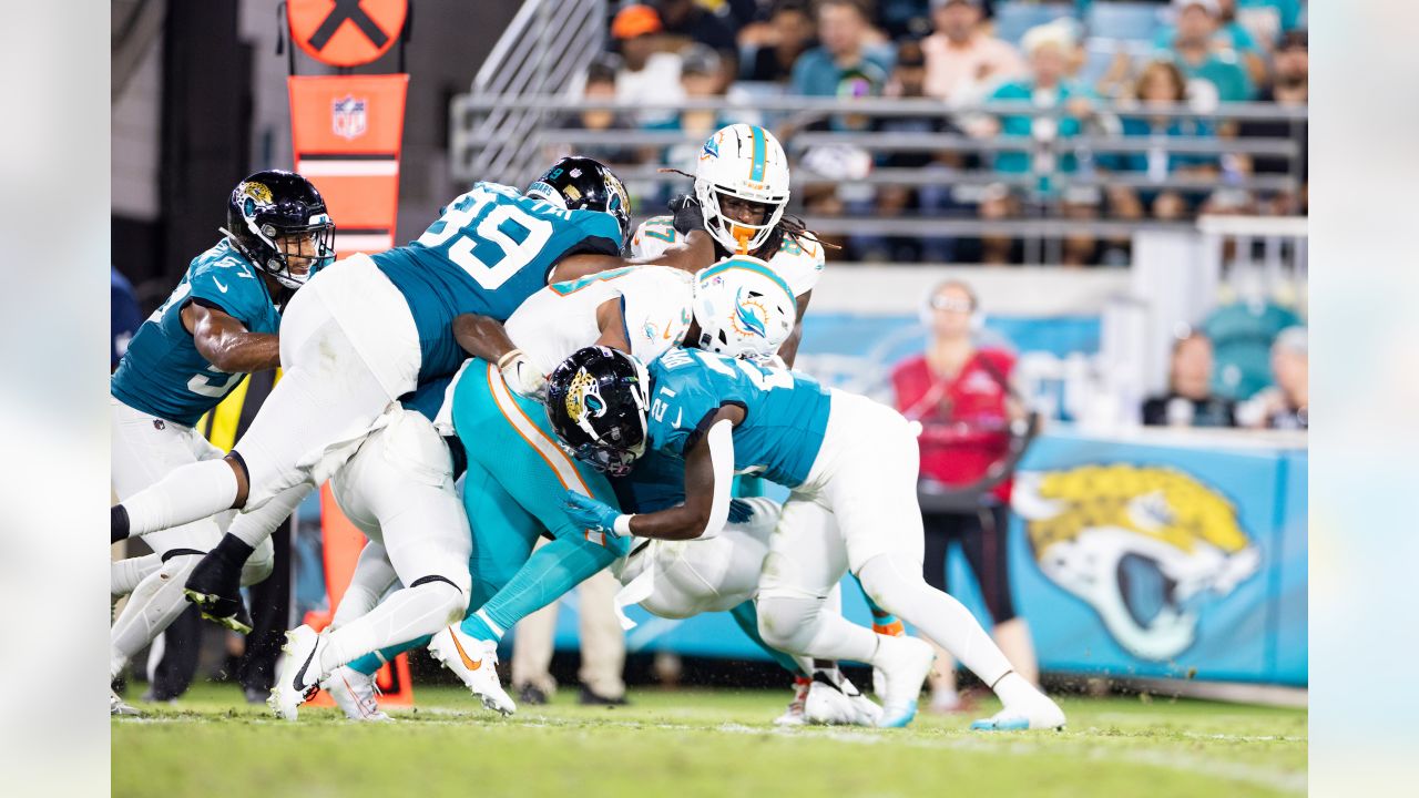 Jacksonville Jaguars linebacker Willie Taylor III (53) leaves the field at  halftime of an NFL pre-season football game against the Miami Dolphins,  Saturday, Aug. 26, 2023, in Jacksonville, Fla. The Jaguars defeated