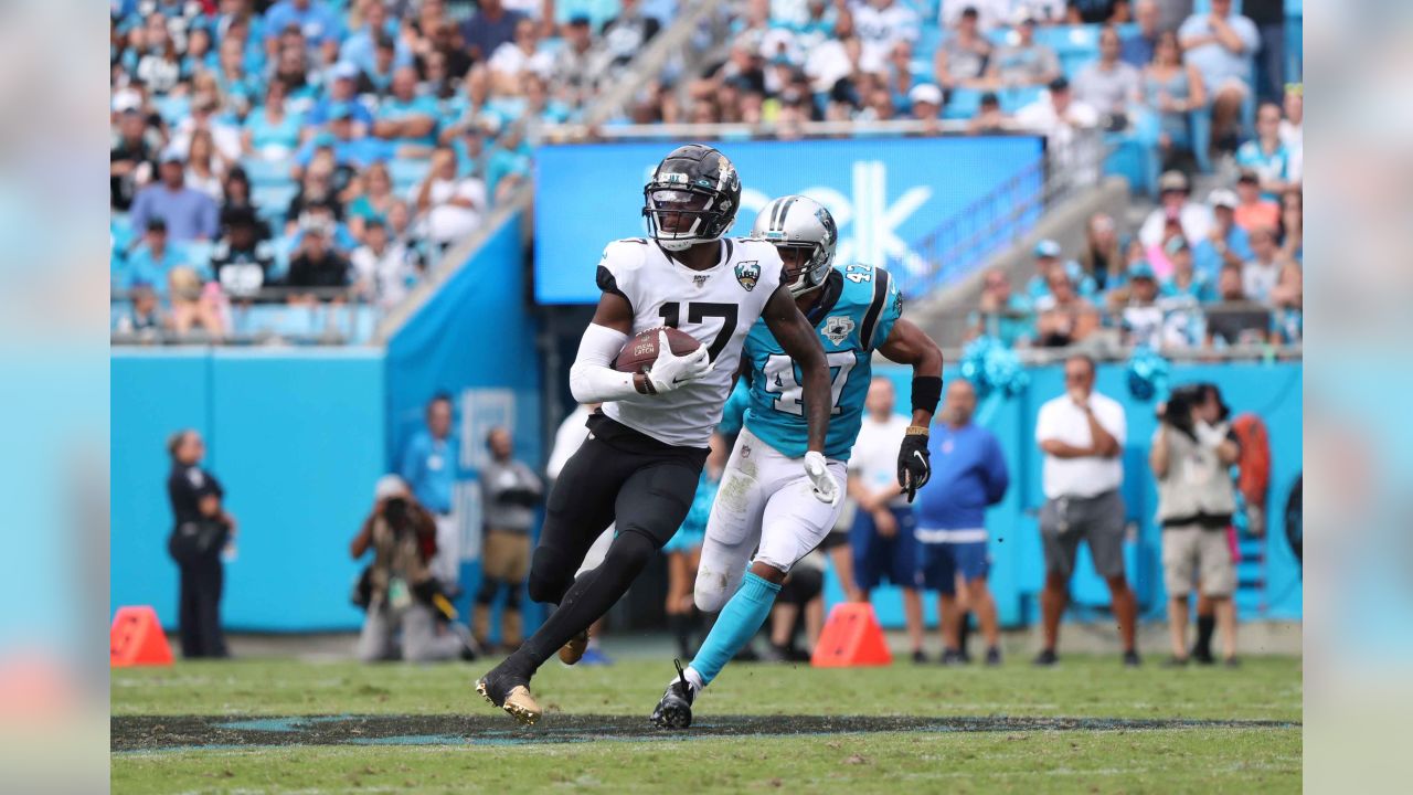 Jacksonville Jaguars wide receiver D.J. Chark (17) celebrates following a  touchdown against the Carolina Panthers during the first half of an NFL  football game in Charlotte, N.C., Sunday, Oct. 6, 2019. (AP