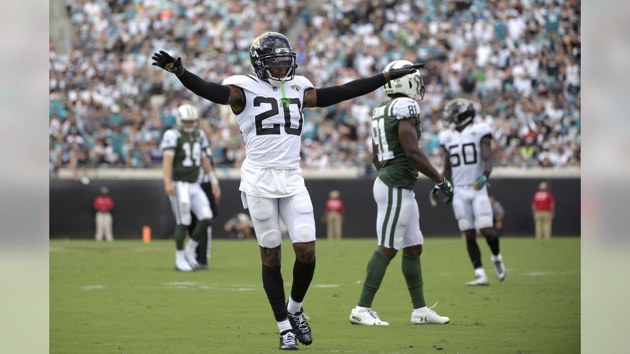 Jacksonville Jaguars CB Jalen Ramsey celebrates an interception in the NFL  International Series game against the Baltimore Ravens at Wembley Stadium,  London on September 24, 2017. Jacksonville beat Baltimore 44 - 7.