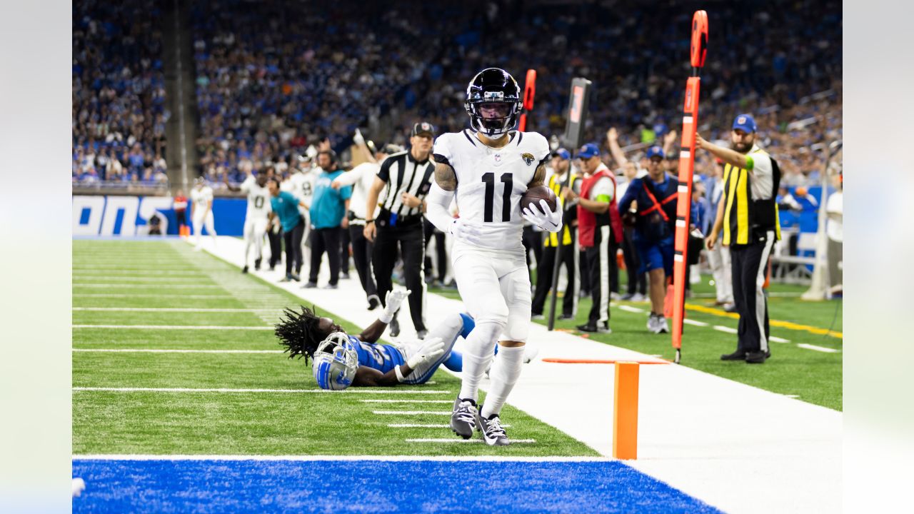 Jacksonville Jaguars wide receiver Tim Jones (15) runs a route against the  Detroit Lions during an NFL football game, Sunday, Dec. 4, 2022, in  Detroit. (AP Photo/Rick Osentoski Stock Photo - Alamy