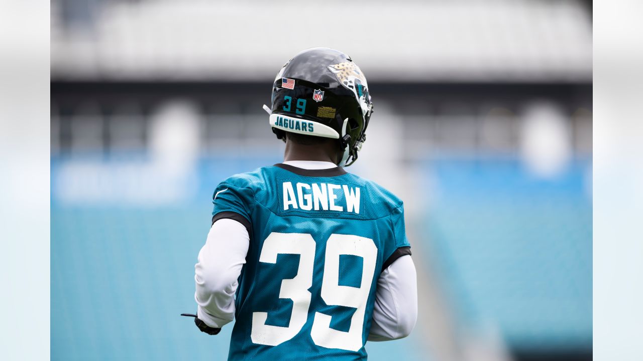 JACKSONVILLE, FL - NOVEMBER 21: Jacksonville Jaguars wide receiver Jamal  Agnew (39) runs with the ball during the game between the San Francisco  49ers and the Jacksonville Jaguars on November 21, 2021